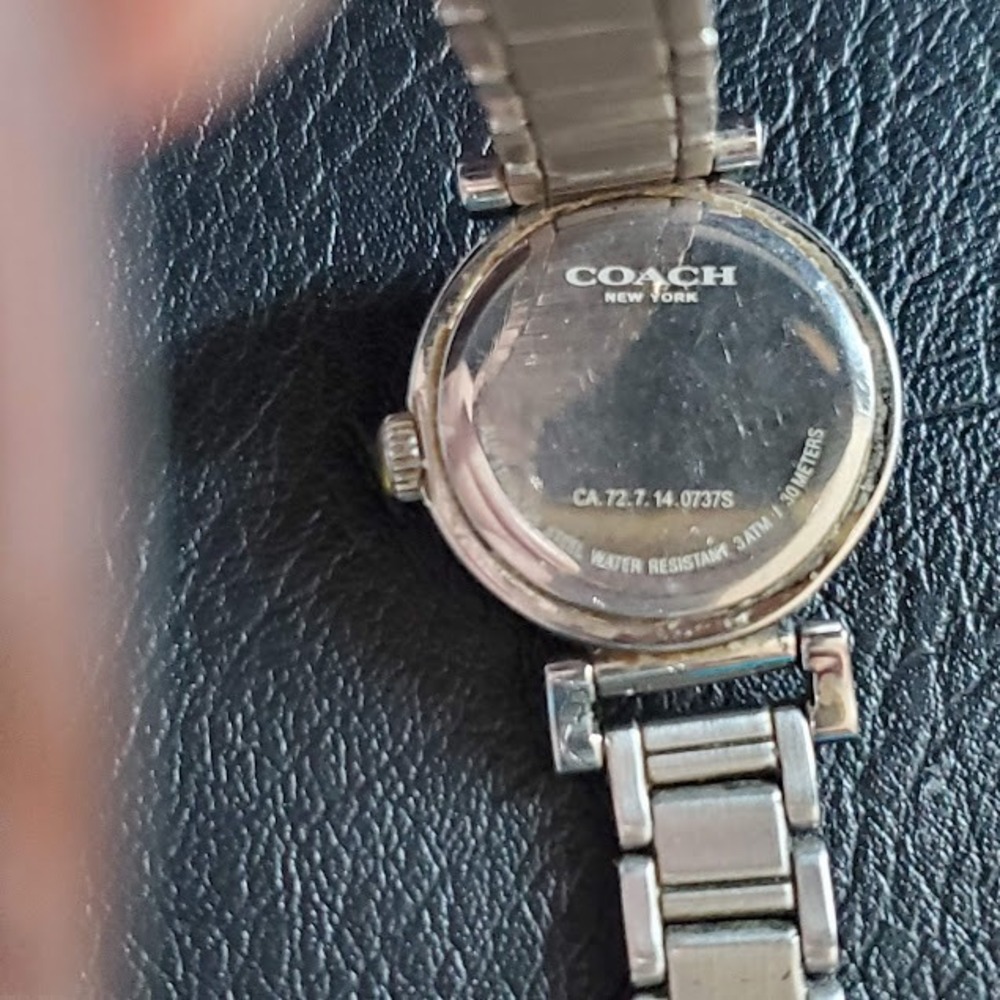 COACH Womens Silver Crystal Bezel Watch White Dial Bracelet Quartz Fresh Battery